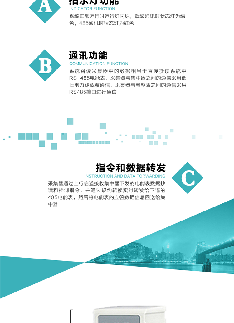 功能及特點：
1、 通訊功能，系統(tǒng)召讀采集器中的數(shù)據(jù)相當于直接抄讀系統(tǒng)中RS-485電能表，采集器與集中器之間的通信采用低壓電力線載波通信，采集器與電能表之間的通信采用RS485接口進行通信
2、 指令和數(shù)據(jù)轉(zhuǎn)發(fā)功能，采集器通過上行信道接收集中器下發(fā)的電能表數(shù)據(jù)抄讀和控制指令，并通過規(guī)約轉(zhuǎn)換實時轉(zhuǎn)發(fā)給下連的485電能表，然后將電能表的應答數(shù)據(jù)信息回送給集中器。
3、 指示燈功能，系統(tǒng)正常運行時運行燈閃爍，載波通訊時狀態(tài)燈為綠色，485通訊時狀態(tài)燈為紅色