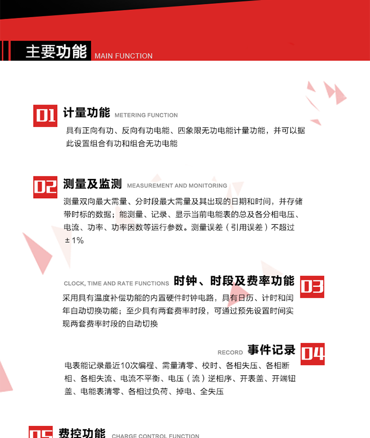 主要功能
1. 　電能計(jì)量
具有正向有功、反向有功電能、四象限無功電能計(jì)量功能，并可以據(jù)此設(shè)置組合有功和組合無功電能。
2. 　需量計(jì)量
測(cè)量雙向最大需量、分時(shí)段最大需量及其出現(xiàn)的日期和時(shí)間，并存儲(chǔ)帶時(shí)標(biāo)的數(shù)據(jù)。
3. 　測(cè)量及監(jiān)測(cè)
能測(cè)量、記錄、顯示當(dāng)前電能表的總及各分相電壓、電流、功率、功率因數(shù)等運(yùn)行參數(shù)。測(cè)量誤差（引用誤差）不超過±1%。
4. 　時(shí)鐘、時(shí)段及費(fèi)率功能
采用具有溫度補(bǔ)償功能的內(nèi)置硬件時(shí)鐘電路，具有日歷、計(jì)時(shí)和閏年自動(dòng)切換功能。內(nèi)部時(shí)鐘端子輸出頻率為1Hz。至少具有兩套費(fèi)率時(shí)段，可通過預(yù)先設(shè)置時(shí)間實(shí)現(xiàn)兩套費(fèi)率時(shí)段的自動(dòng)切換。每套費(fèi)率時(shí)段全年至少可設(shè)置2個(gè)時(shí)區(qū)，24小時(shí)內(nèi)至少可以設(shè)置8個(gè)時(shí)段，時(shí)段最小間隔為15分鐘，并且時(shí)段間隔大于表內(nèi)設(shè)定的需量周期值，時(shí)段可跨越零點(diǎn)設(shè)置。
5. 　費(fèi)控功能 
電能表費(fèi)控功能的實(shí)現(xiàn)方式通過CPU卡等固態(tài)介質(zhì)實(shí)現(xiàn)。具有兩套階梯電價(jià)計(jì)費(fèi)方式，并可在設(shè)置時(shí)間點(diǎn)啟用另一套階梯電價(jià)計(jì)費(fèi)。
6. 　無線通信
通過無線通信與主站通信。支持在安全認(rèn)證前提下，通過無線網(wǎng)絡(luò)信道修改費(fèi)率時(shí)段表及電價(jià)。
7. 　事件記錄
電表能記錄最近10次編程、需量清零、校時(shí)、各相失壓、各相斷相、各相失流、電流不平衡、電壓（流）逆相序、開表蓋、開端鈕蓋、電能表清零、各相過負(fù)荷、掉電、全失壓。
8. 　凍結(jié)
具有定時(shí)凍結(jié)、瞬時(shí)凍結(jié)、約定凍結(jié)和日凍結(jié)功能。
9.　 負(fù)荷記錄
記錄正反向有功總電能、無功總電能、四象限無功總電能、組合有功、組合無功1、組合無功2，負(fù)荷記錄間隔時(shí)間可以在1～60min范圍內(nèi)設(shè)置，時(shí)間間隔為1min的情況下可記錄不少于40天的數(shù)據(jù)容量。
10. 　停電抄表
在停電狀態(tài)下，能通過按鍵或非接觸方式喚醒電能表，抄讀電能量等數(shù)據(jù)。
11. 擴(kuò)展功能
計(jì)量視在電能、諧波電壓、電流、電量的監(jiān)測(cè)、電能質(zhì)量監(jiān)測(cè)和計(jì)算鐵損、銅損。 